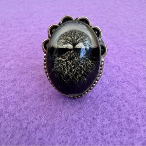 Handmade Ring -Tree of Life Black and White Design with a Steel Plated Setting.